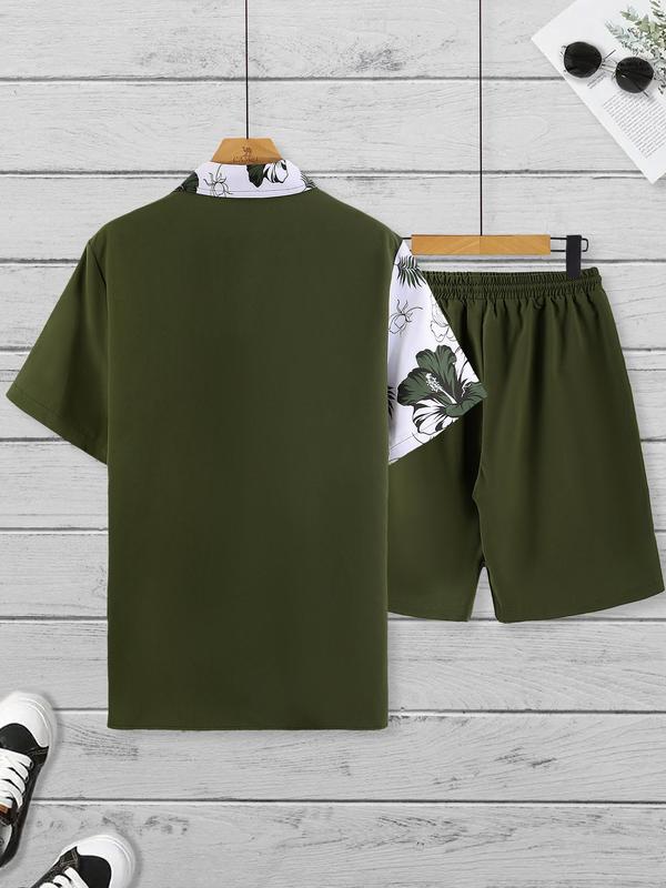 Two-Piece Set Men's Regular Fit Colorblock Floral Print Back To School Shirt & Drawstring Pocket Shorts Set, Men's 2 Piece Short Set, Men's Designer Outfits Set, Button Front Shirt & Elastic Waist Shorts, Boho Casual Men's Two-piece Outfits for Summer