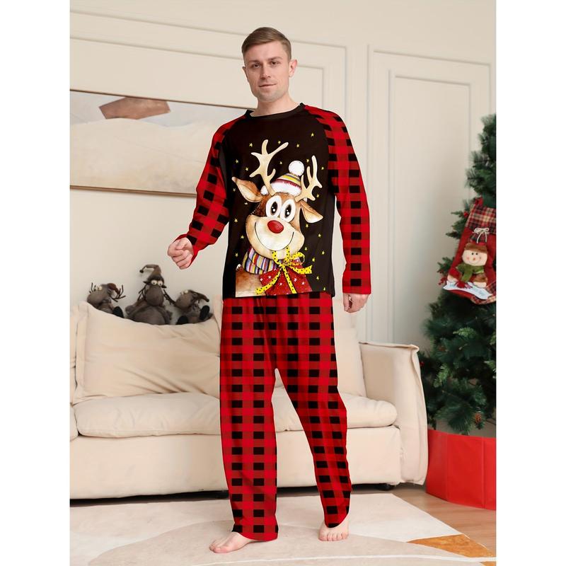 Men's Casual Christmas Home Pajamas Suit, Cute Reindeer Cartoon Print Comfortable Long Sleeve round-Neck Sweater and Plaid Loose Pants, Men's Outdoor Clothing