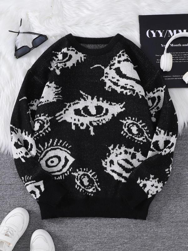 Men's All Over Eye Print drop shoulder Y2K sweater, fall sweaters, regular fit casual comfy long sleeve round neck jumper, men's fall knitwear for daily wear tops Menswear Longsleeves