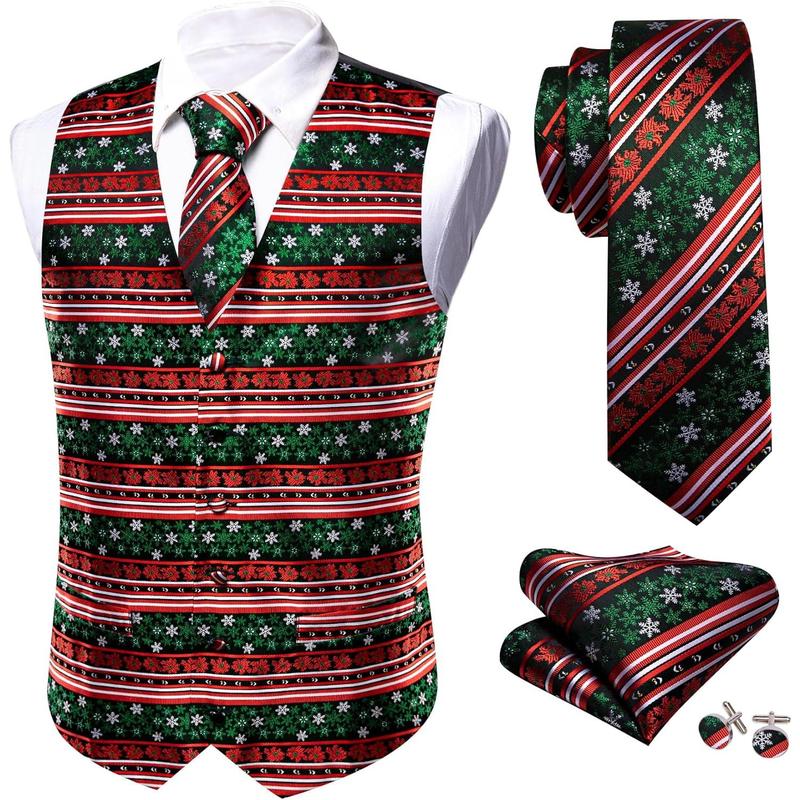 Mens Red Green Christmas Suit Vest Holiday Xmas Waistcoat Tie Set Party Tuxedo