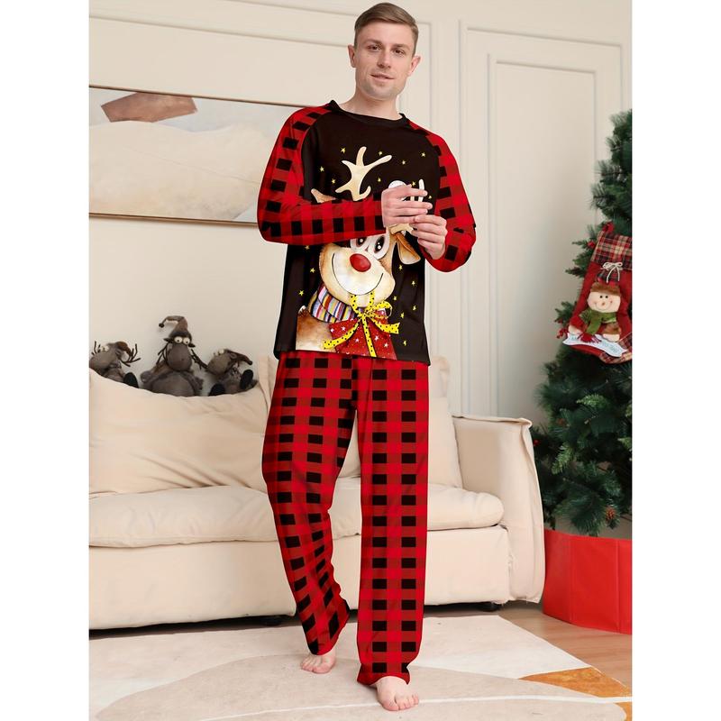 Men's Casual Christmas Home Pajamas Suit, Cute Reindeer Cartoon Print Comfortable Long Sleeve round-Neck Sweater and Plaid Loose Pants, Men's Outdoor Clothing