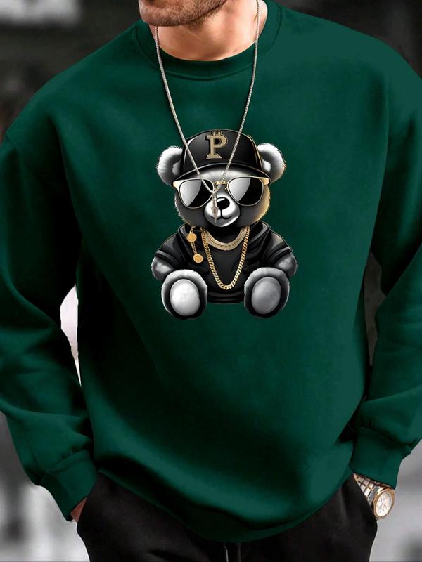 Men's Cartoon Bear Print Drop Shoulder Thermal Lined Sweatshirt, Regular Fit Casual Long Sleeve Round Neck Pullover for Fall & Winter, Men's Clothes for Daily Wear