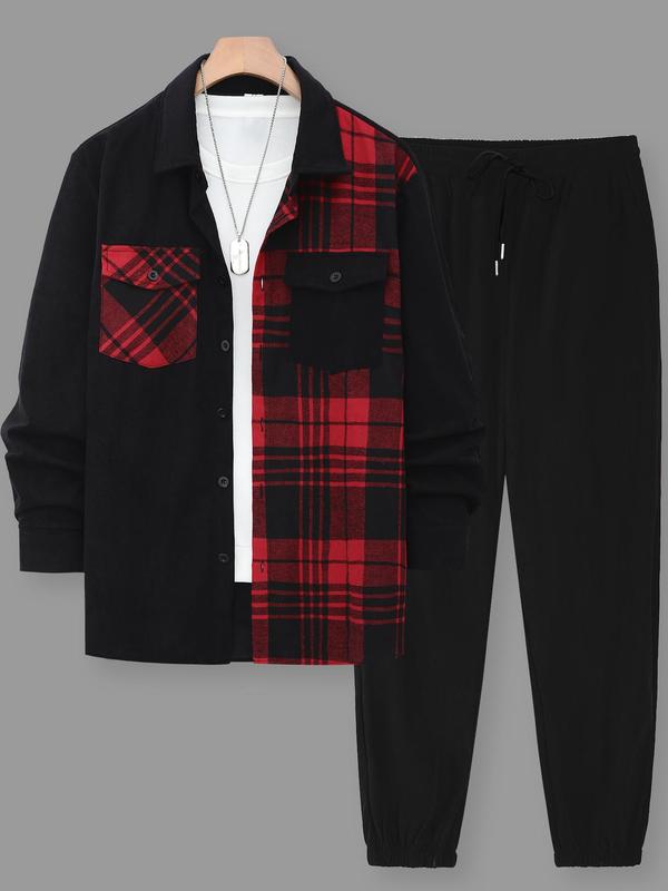 Men's Plaid Patchwork Print Button Front Shirt & Drawstring Waist Pants Two-piece Set, Casual Long Sleeve Pocket Top & Trousers for Spring & Fall, Men's Two Piece, Men Clothes for Daily Wear