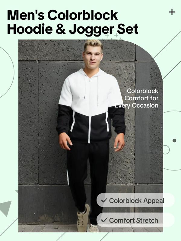 2 Pieces Men's Colorblock Print Hooded Jacket & Drawstring Waist Pants Set, Streetwear, Casual Regular Fit Hooded Outwear & Jogger Pants For Daily Wear, Men Two-piece Outfits, Please Purchase A Size Up