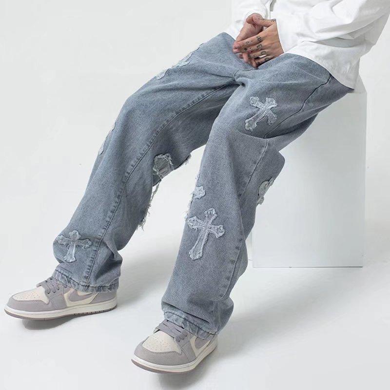 High Street Cross Jeans Men's Spring and Autumn Hip Hop Straight Loose Wide-Leg Pants Fashion