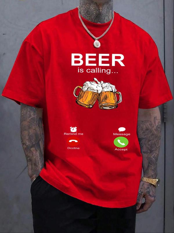 Men's Beer & Letter Graphic Round Neck Shortsleeve Tee, Back To School Streetwear Casual Comfy Soft Regular Fit Short Sleeve Crewneck T-shirt for Summer, T Shirts for Men, Graphic Tees, Knitting Top for Men, Menswear,  Birthday Gifts