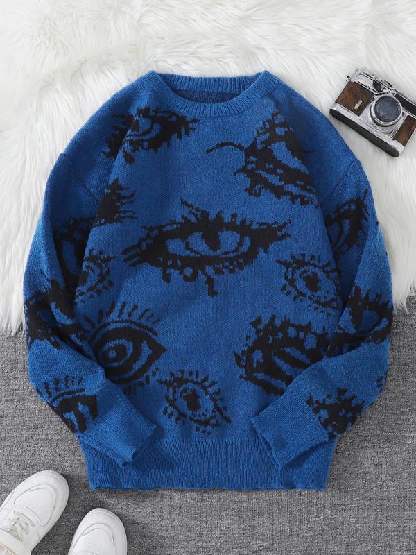 Men's All Over Eye Print drop shoulder Y2K sweater, fall sweaters, regular fit casual comfy long sleeve round neck jumper, men's fall knitwear for daily wear tops Menswear Longsleeves