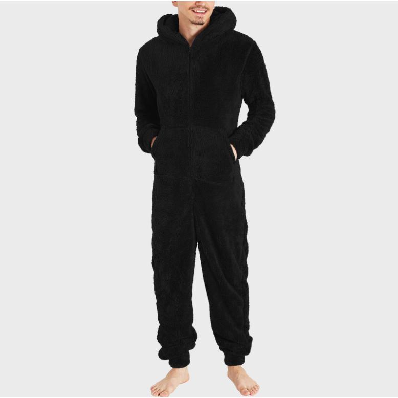 New Men's Fleece-lined Thick Furry Jumpsuit Hooded Pajamas Men's Clothing