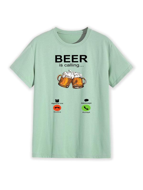 Men's Beer & Letter Graphic Round Neck Shortsleeve Tee, Back To School Streetwear Casual Comfy Soft Regular Fit Short Sleeve Crewneck T-shirt for Summer, T Shirts for Men, Graphic Tees, Knitting Top for Men, Menswear,  Birthday Gifts