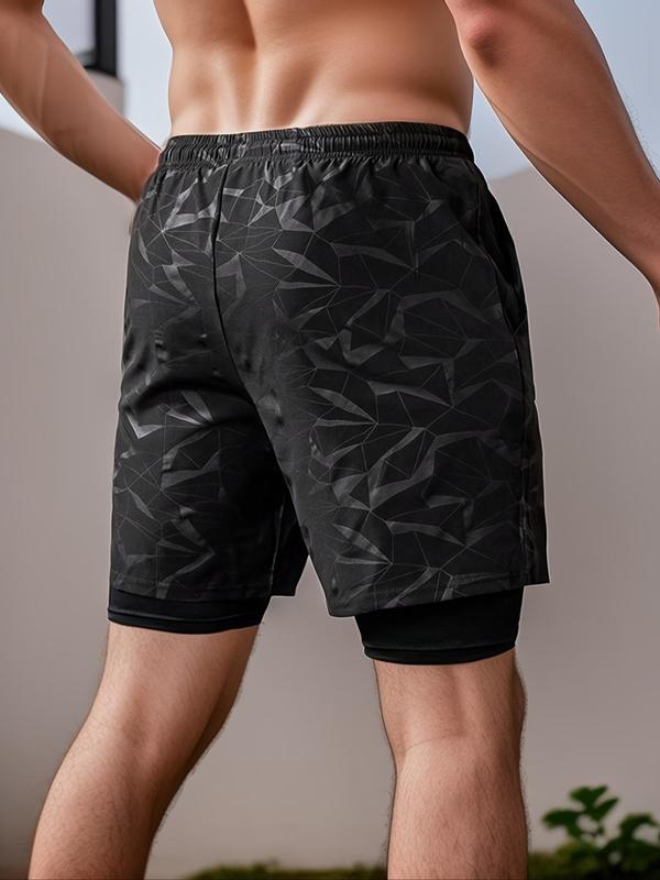 Men's Geometric & Bull Print Drawstring Waist 2 IN 1 Shorts, Regular Fit Casual Pocket Shorts for Summer, Men's Bottoms for Daily Wear