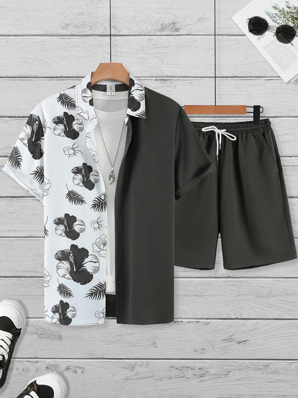 Two-Piece Set Men's Regular Fit Colorblock Floral Print Back To School Shirt & Drawstring Pocket Shorts Set, Men's 2 Piece Short Set, Men's Designer Outfits Set, Button Front Shirt & Elastic Waist Shorts, Boho Casual Men's Two-piece Outfits for Summer