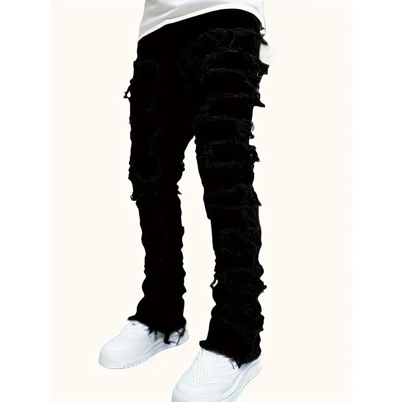 Men's Casual Slim Fit Jeans, Stylish Embroidered Patchwork Detail, Men's Versatile Street Style Denim Pants For All Seasons