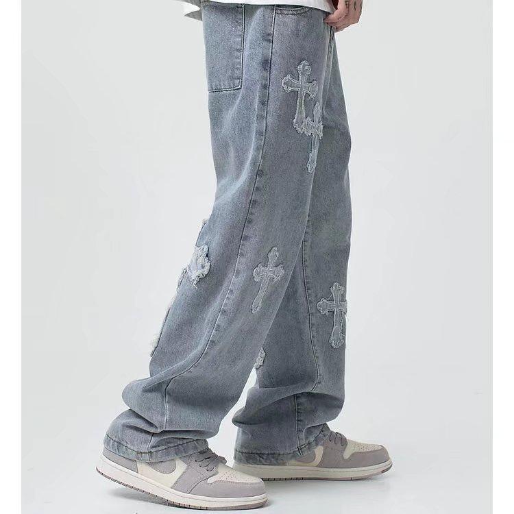 High Street Cross Jeans Men's Spring and Autumn Hip Hop Straight Loose Wide-Leg Pants Fashion