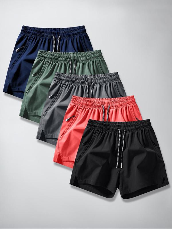 Men's Solid Drawstring Waist Split Hem Shorts, Casual Breathable Athleisure  Active Wear  Zipper Pocket Shorts Sports Wear for Summer, Daily Wear Shorts for Men, Athletic Wear Gym Shorts