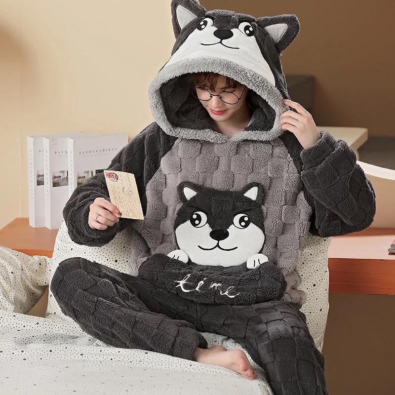 New Men Winter Thickened Coral Fleece Pajamas Set Plush Hooded Home Suit Long Sleeve Cartoon Flannel 2PCS Set Warm Nightwea 5XLr