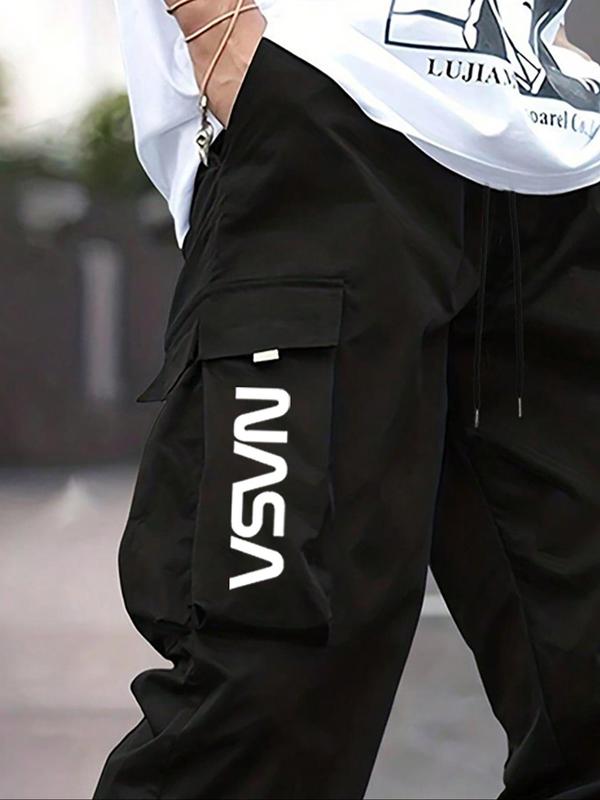 Men's Letter Print Drawstring Waist Cargo Pants, Casual Street Pocket Jogger Trousers for Daily Wear, Men's Bottoms for All Seasons Menswear Sweatpants