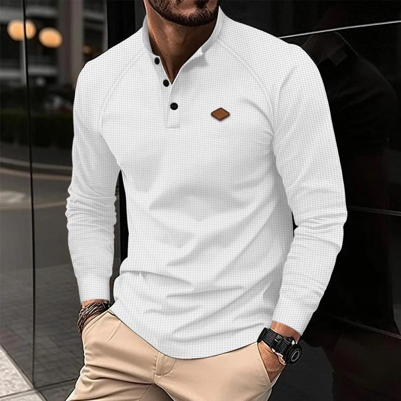 High quality waffle fabric Spring and autumn men's long sleeve Polo shirt fashion casual sports round neck fitness running long Menswear Top