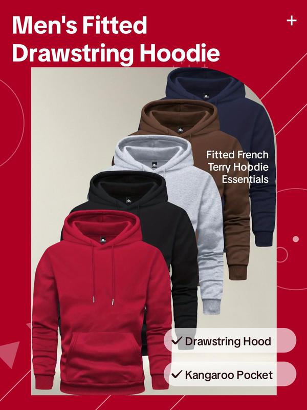 Men's Solid Drawstring Pocket Hoodie, Casual Regular Fit Long Sleeve Hooded Sweatshirt for Spring & Fall, Fall Outfits 2024, Men's Top for Daily Wear, Fall Outfits