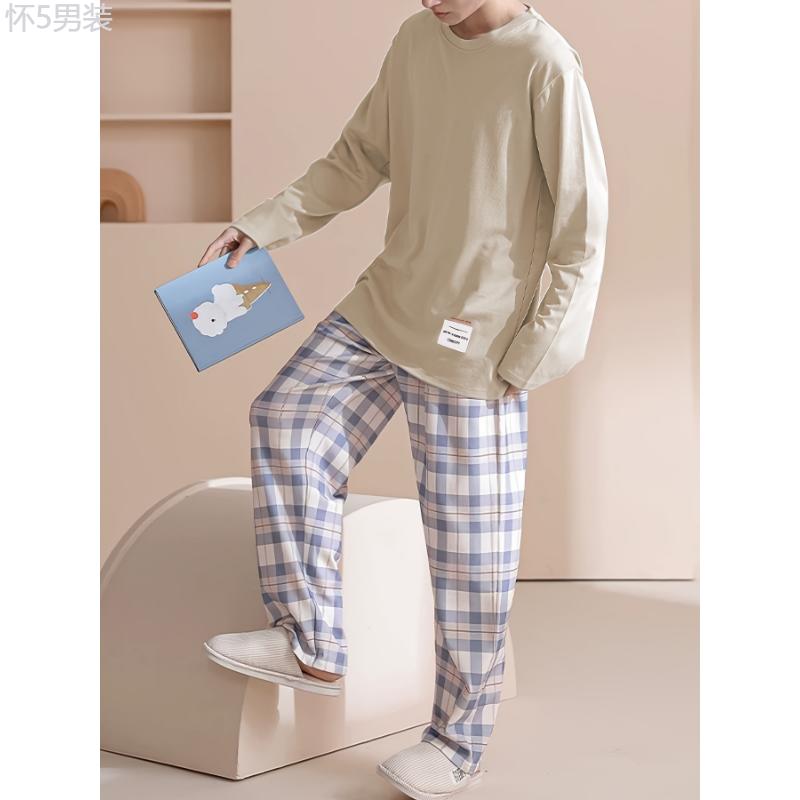 Men's Cozy Blue Long-Sleeve Round Neck Top & Plaid Pants Pajama Set - Versatile Loungewear, Machine Washable Fabric Menswear