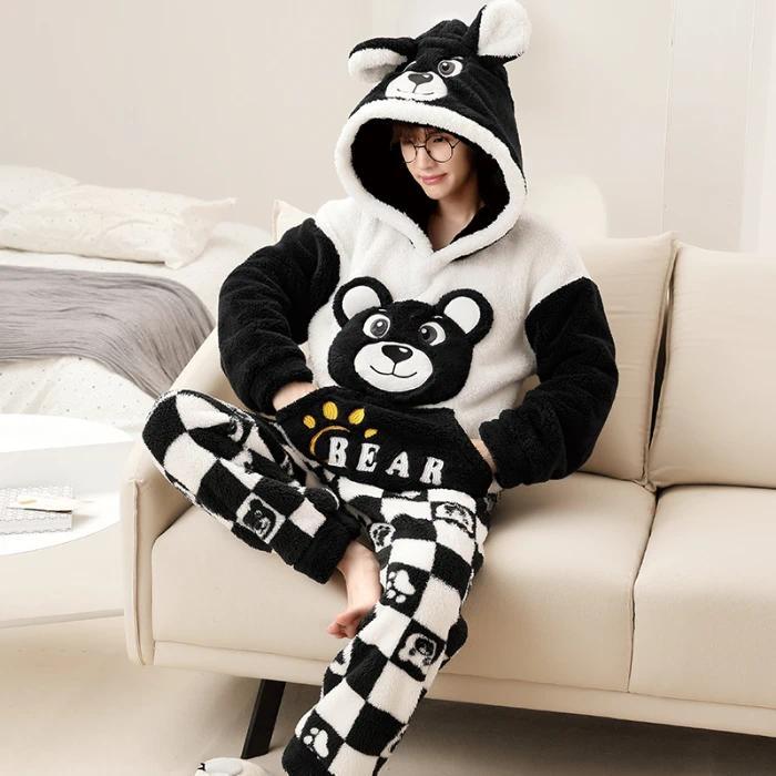 New Men Winter Thickened Coral Fleece Pajamas Set Plush Hooded Home Suit Long Sleeve Cartoon Flannel 2PCS Set Warm Nightwea 5XLr