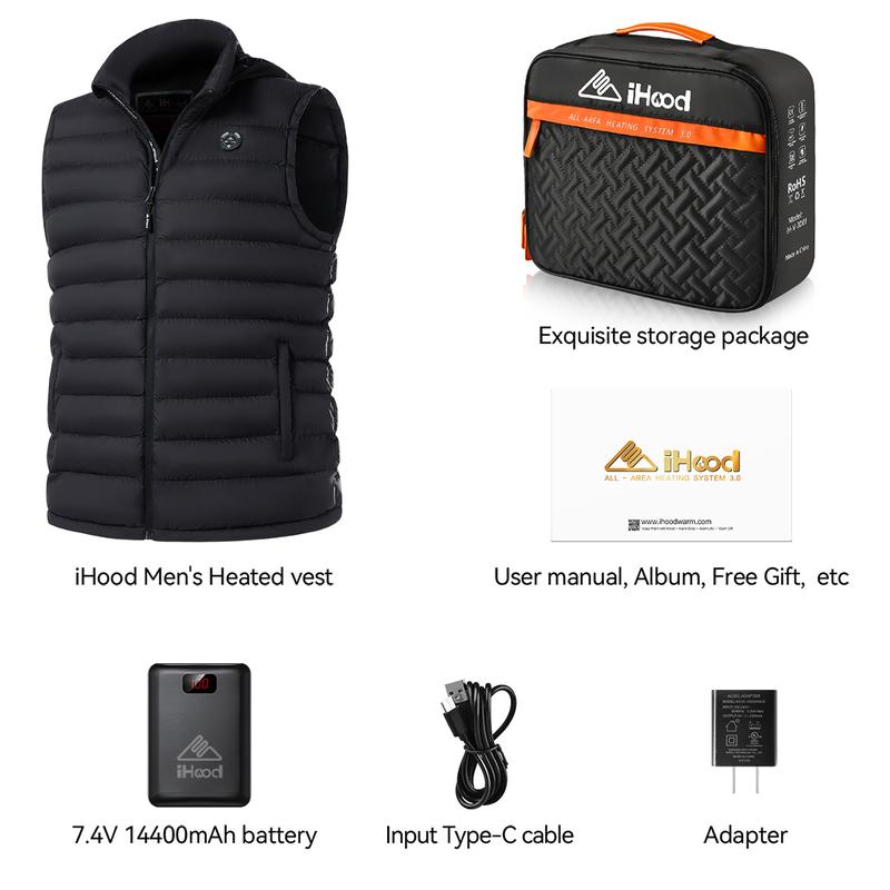 iHood Men's Heated Vest with 7.4V 14400 mAh Battery Pack, Heated Vest Men with Retractable Heated Hood Washable Heated Jackets for Men Menswear Tops