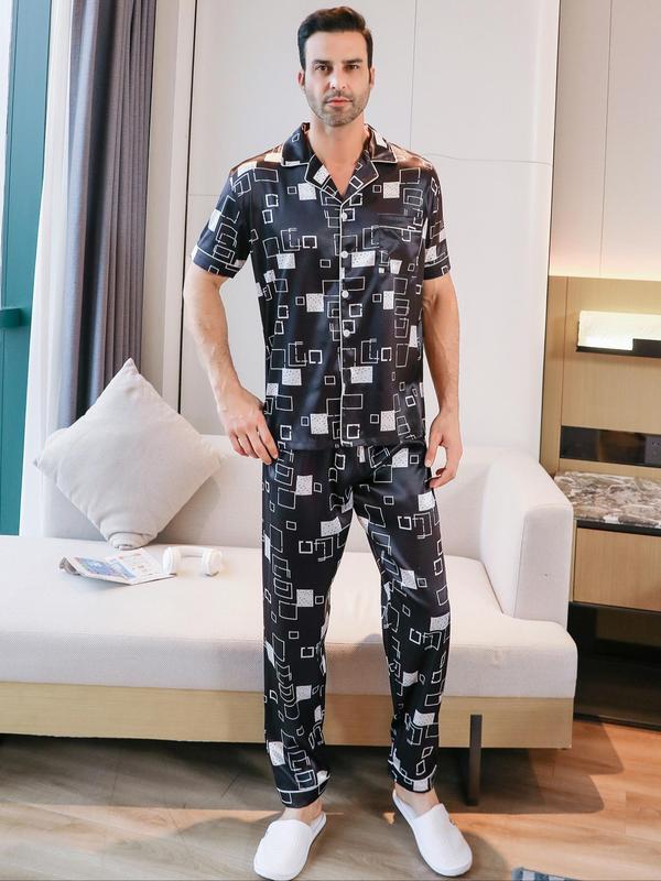 Men's  All Over Print Pocket Lapel Shirt & Pants Satin Pyjama Set, Button Front Short Sleeve Top & Trousers Pj Set, Summer Sleepwear Set for Men