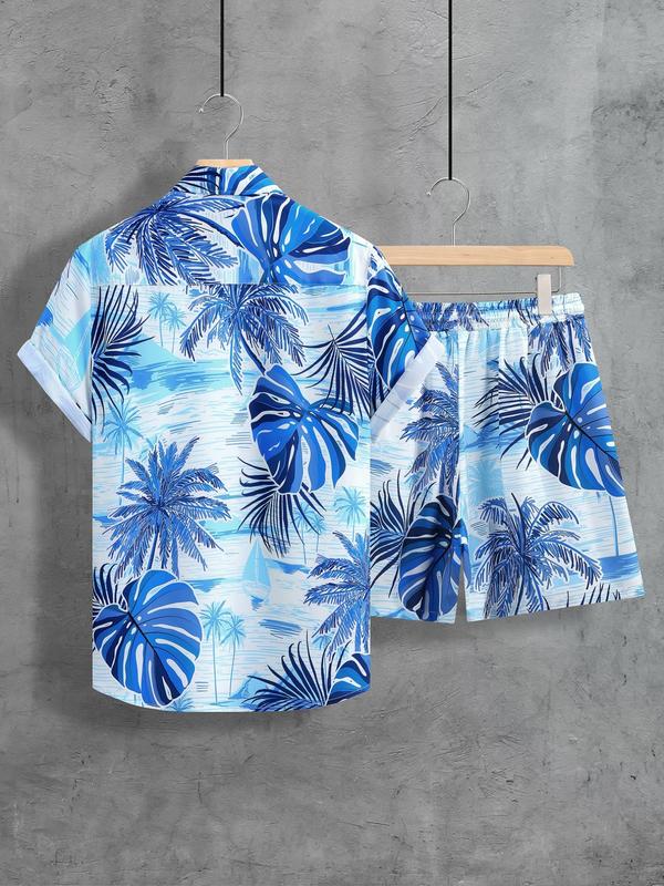 2 Counts Men's Tropical Print Drawstring Waist Shorts Set, Regular Fit Button Down Hawaiian Shirt & Shorts, Men 2 Piece Short Sets, Summer Clothes for Beach Vacation, Men's 2 Piece Set