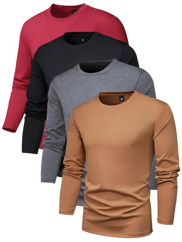 Men's 4pcs Solid Long Sleeve Tee, Back To School Regular Fit Streetwear Round Neck T-shirt for Spring & Fall, Men's T Shirts, Vintage Tees,  Casual Men's Top for Outdoor Daily Wear, Fall Outfits, Earthtone Fallfreshness