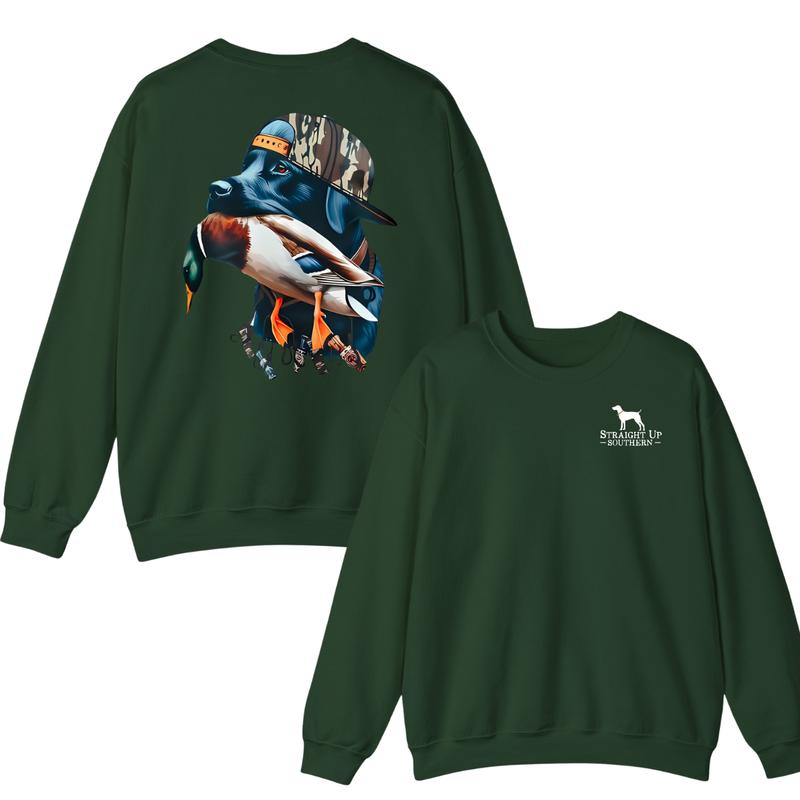 Straight Up Southern Hoodie, Sweatshirt, and T-Shirt - Bold Black Hunting Dog with Duck Graphic, Perfect for Outdoorsmen and Waterfowl Hunters, Unisex Apparel for Adventure and Style.