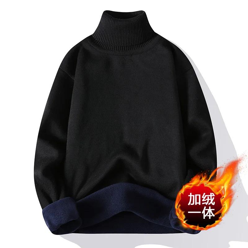 Men 2025 New Sweater Autumn Winter Knitted Turtleneck Thick Fleece Inside Solid Color Pullovers Men Casual Sweater Pullovers