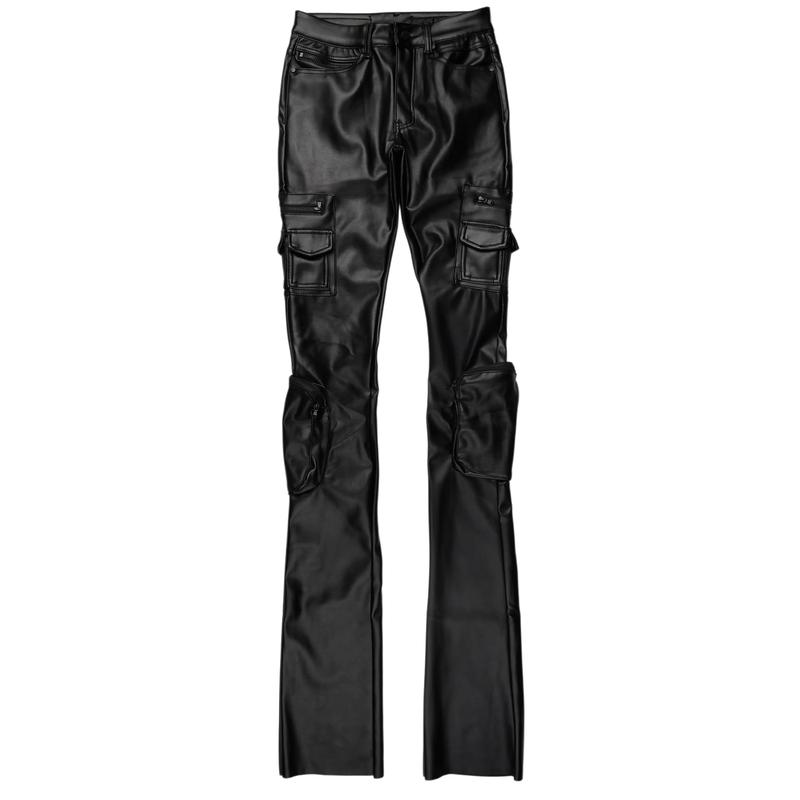 Sutton Jet Black PU Super Stacked Flare Jean