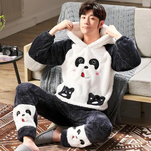 New Men Winter Thickened Coral Fleece Pajamas Set Plush Hooded Home Suit Long Sleeve Cartoon Flannel 2PCS Set Warm Nightwea 5XLr