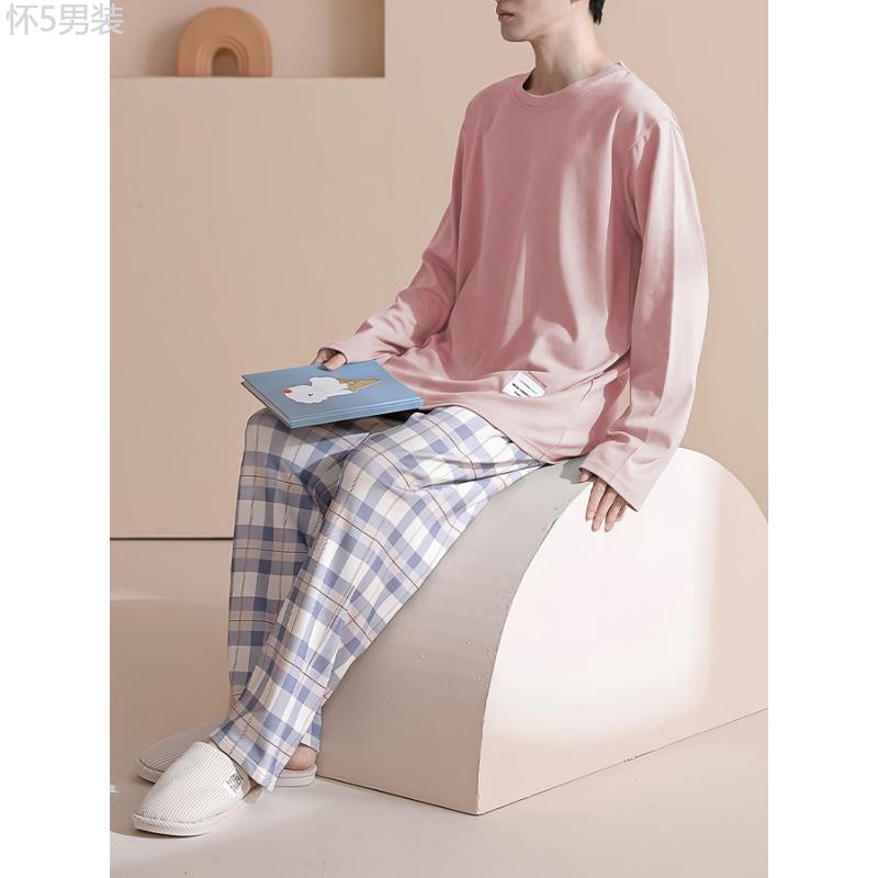 Men's Cozy Blue Long-Sleeve Round Neck Top & Plaid Pants Pajama Set - Versatile Loungewear, Machine Washable Fabric Menswear