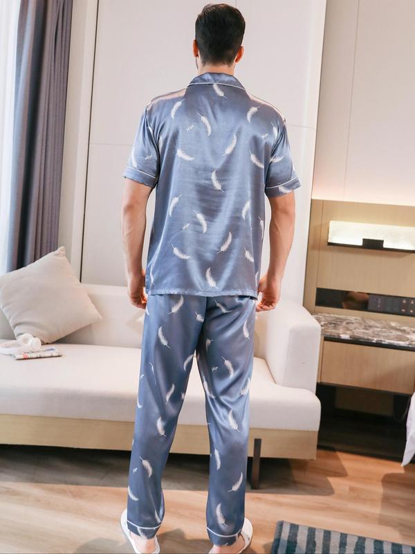 Men's  All Over Print Pocket Lapel Shirt & Pants Satin Pyjama Set, Button Front Short Sleeve Top & Trousers Pj Set, Summer Sleepwear Set for Men