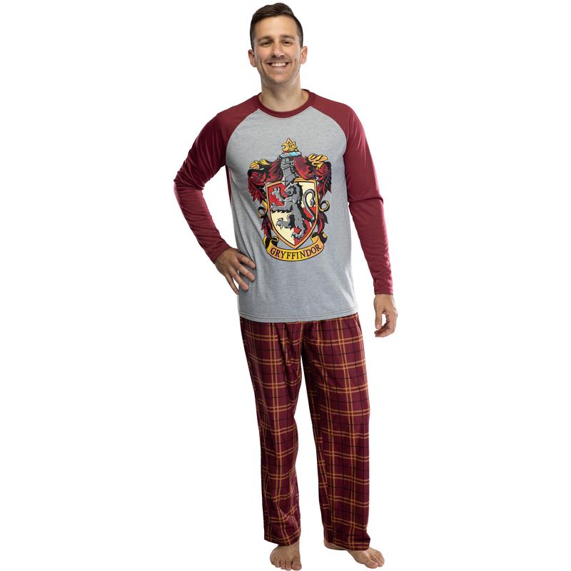 Harry Potter Adult Men's Raglan Shirt And Plaid Pants Pajama Set -Gryffindor, Ravenclaw, Slytherin, Hufflepuff