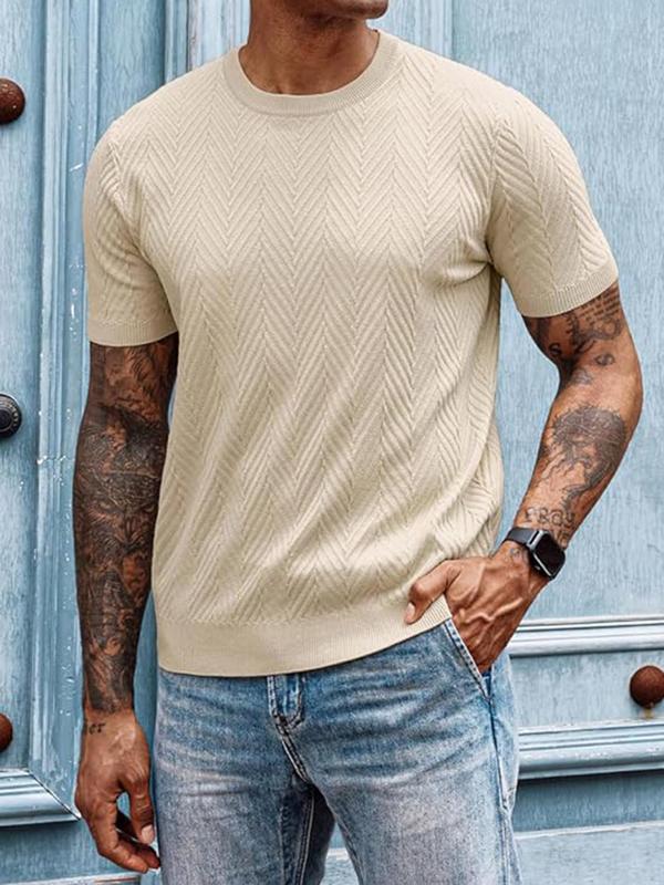 Men's Regular Fit Fishbone Jacquard Round Neck Knit Top, Casual Short Sleeve Crew Neck Knitwear for Daily Wear, Fashion Men's Knit Clothing for All Seasons