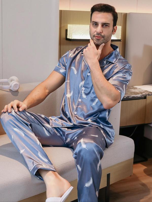 Men's  All Over Print Pocket Lapel Shirt & Pants Satin Pyjama Set, Button Front Short Sleeve Top & Trousers Pj Set, Summer Sleepwear Set for Men