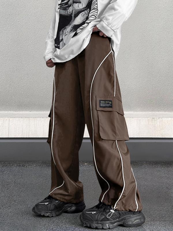 Men's Thin Letter Patched Contrast Binding Pocket Drawstring Cargo Pants, Pants for Men, Mens Pants, Loose Utility Trousers for Fall Back To School, Drippy Outfits, Soft Comfort Clothes, Versatile Street Menswear, Going Out Outfit, Fall Outfits 2024