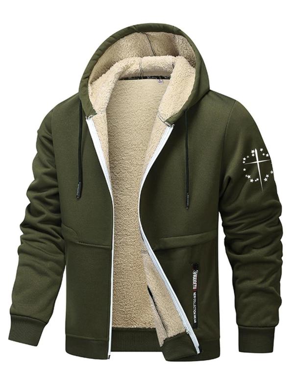 Men's Letter Print Zip Up Fleece Hooded Jacket, Regular Fit Casual Long Sleeve Drawstring Pocket Outerwear for Fall & Winter, Men's Clothes for Daily Wear