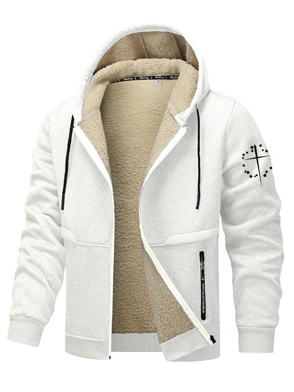 Men's Letter Print Zip Up Fleece Hooded Jacket, Regular Fit Casual Long Sleeve Drawstring Pocket Outerwear for Fall & Winter, Men's Clothes for Daily Wear