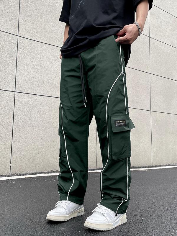 Men's Thin Letter Patched Contrast Binding Pocket Drawstring Cargo Pants, Pants for Men, Mens Pants, Loose Utility Trousers for Fall Back To School, Drippy Outfits, Soft Comfort Clothes, Versatile Street Menswear, Going Out Outfit, Fall Outfits 2024