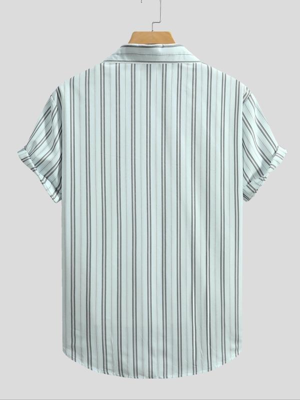 Men's Striped Print Button Front Shirt, Regular Fit Casual Short Sleeve Collar Top for Summer, Fashion Men's Top for Daily Wear