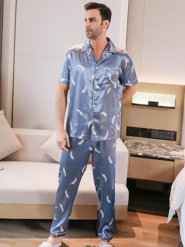 Men's  All Over Print Pocket Lapel Shirt & Pants Satin Pyjama Set, Button Front Short Sleeve Top & Trousers Pj Set, Summer Sleepwear Set for Men