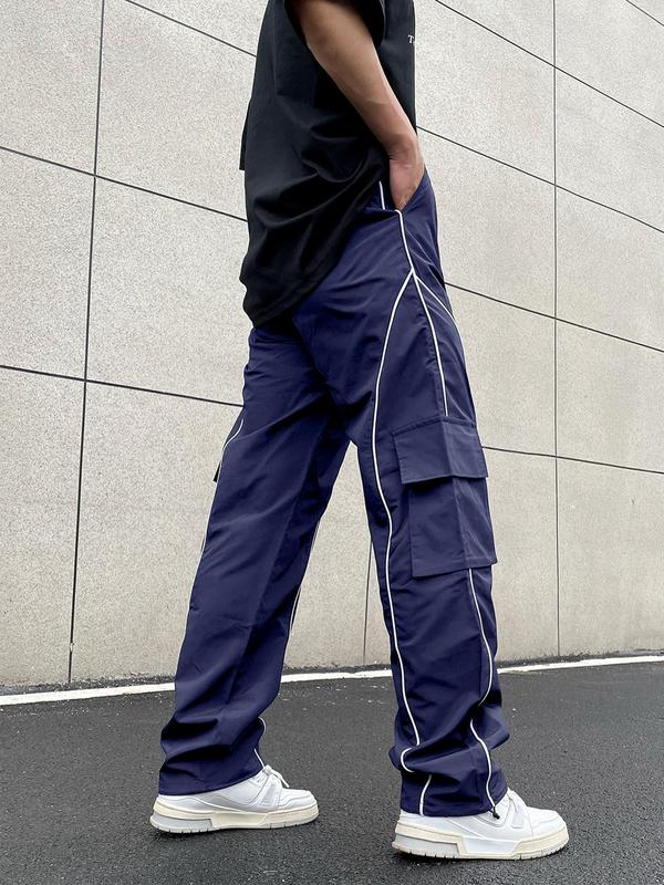 Men's Thin Letter Patched Contrast Binding Pocket Drawstring Cargo Pants, Pants for Men, Mens Pants, Loose Utility Trousers for Fall Back To School, Drippy Outfits, Soft Comfort Clothes, Versatile Street Menswear, Going Out Outfit, Fall Outfits 2024