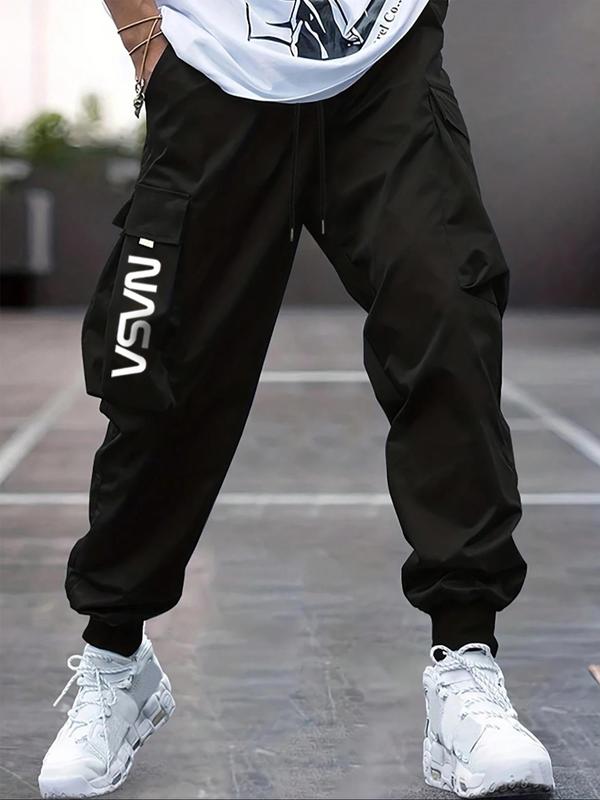 Men's Letter Print Drawstring Waist Cargo Pants, Casual Street Pocket Jogger Trousers for Daily Wear, Men's Bottoms for All Seasons Menswear Sweatpants