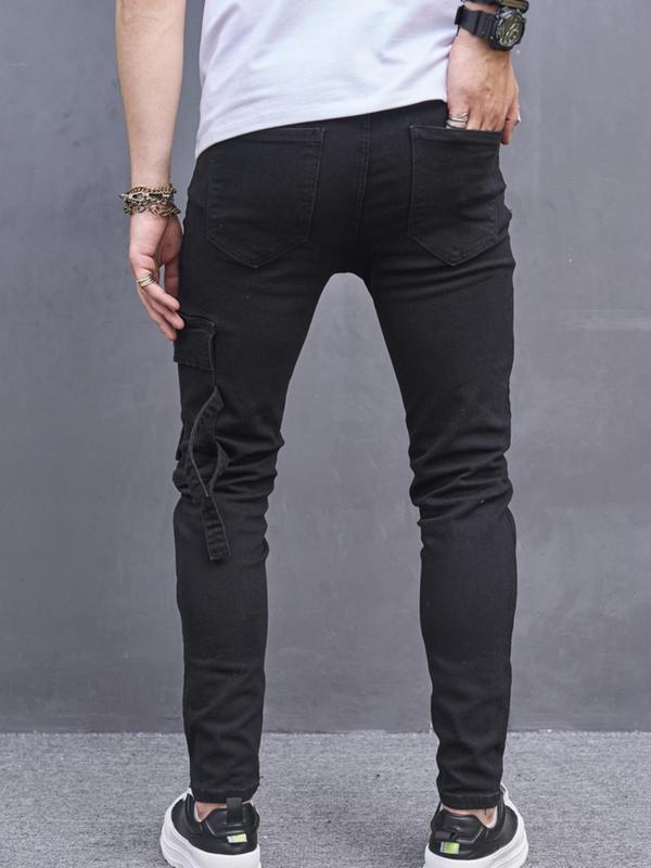 Men's Ripped Side Pocket Design Jeans, Casual Street Slim Fit Denim Pants for Daily Wear, Fashion Men's Bottoms for All Seasons