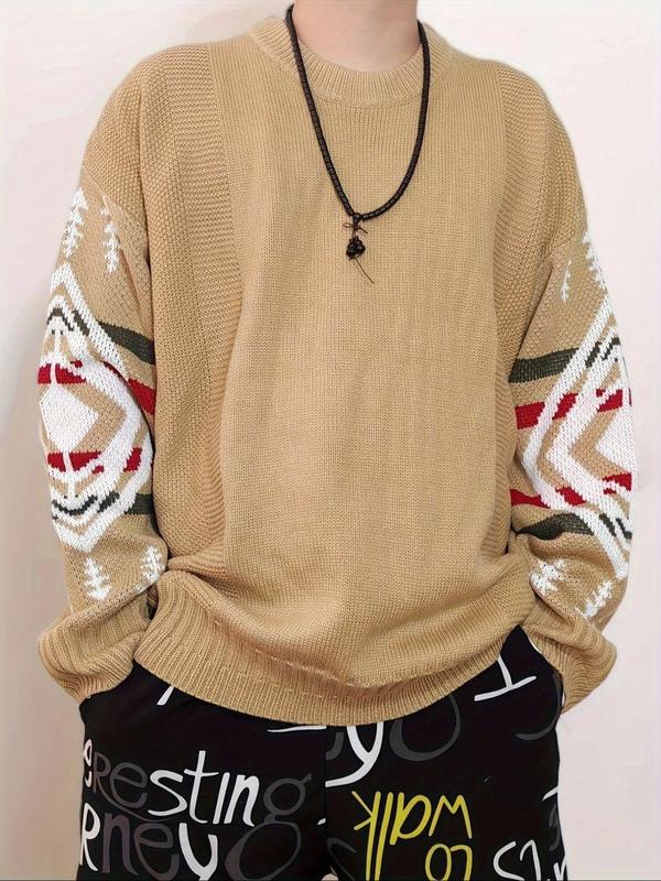  Men's Geometric Print Drop Shoulder Sweater, Casual Long Sleeve Round Neck Jumper for Fall & Winter, Fashion Men's Knitwear for Daily Wear