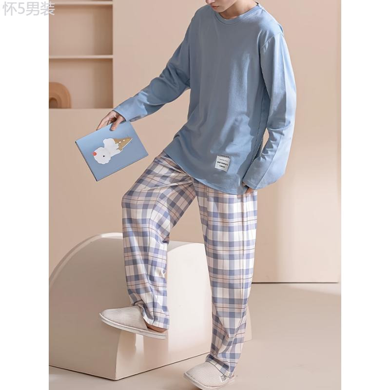 Men's Cozy Blue Long-Sleeve Round Neck Top & Plaid Pants Pajama Set - Versatile Loungewear, Machine Washable Fabric Menswear