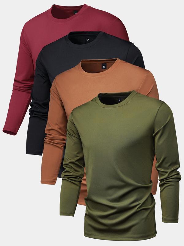 Men's 4pcs Solid Long Sleeve Tee, Back To School Regular Fit Streetwear Round Neck T-shirt for Spring & Fall, Men's T Shirts, Vintage Tees,  Casual Men's Top for Outdoor Daily Wear, Fall Outfits, Earthtone Fallfreshness