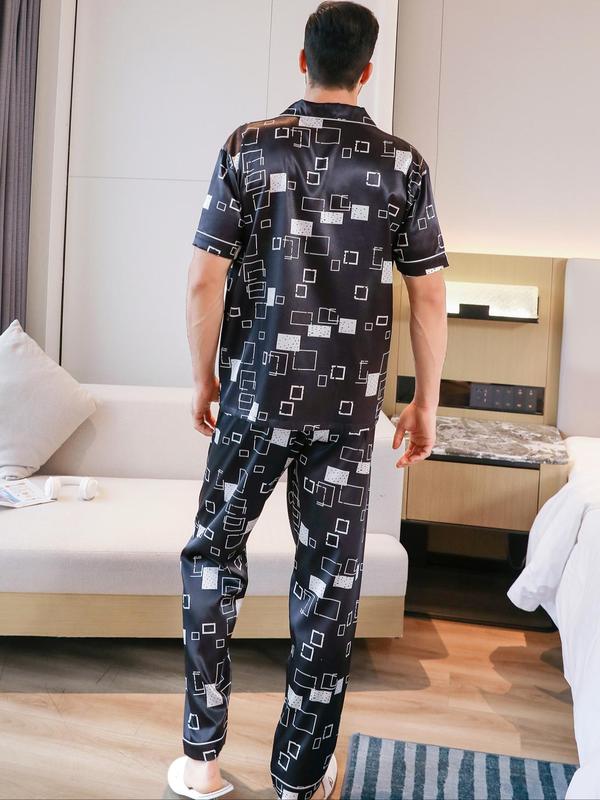 Men's  All Over Print Pocket Lapel Shirt & Pants Satin Pyjama Set, Button Front Short Sleeve Top & Trousers Pj Set, Summer Sleepwear Set for Men